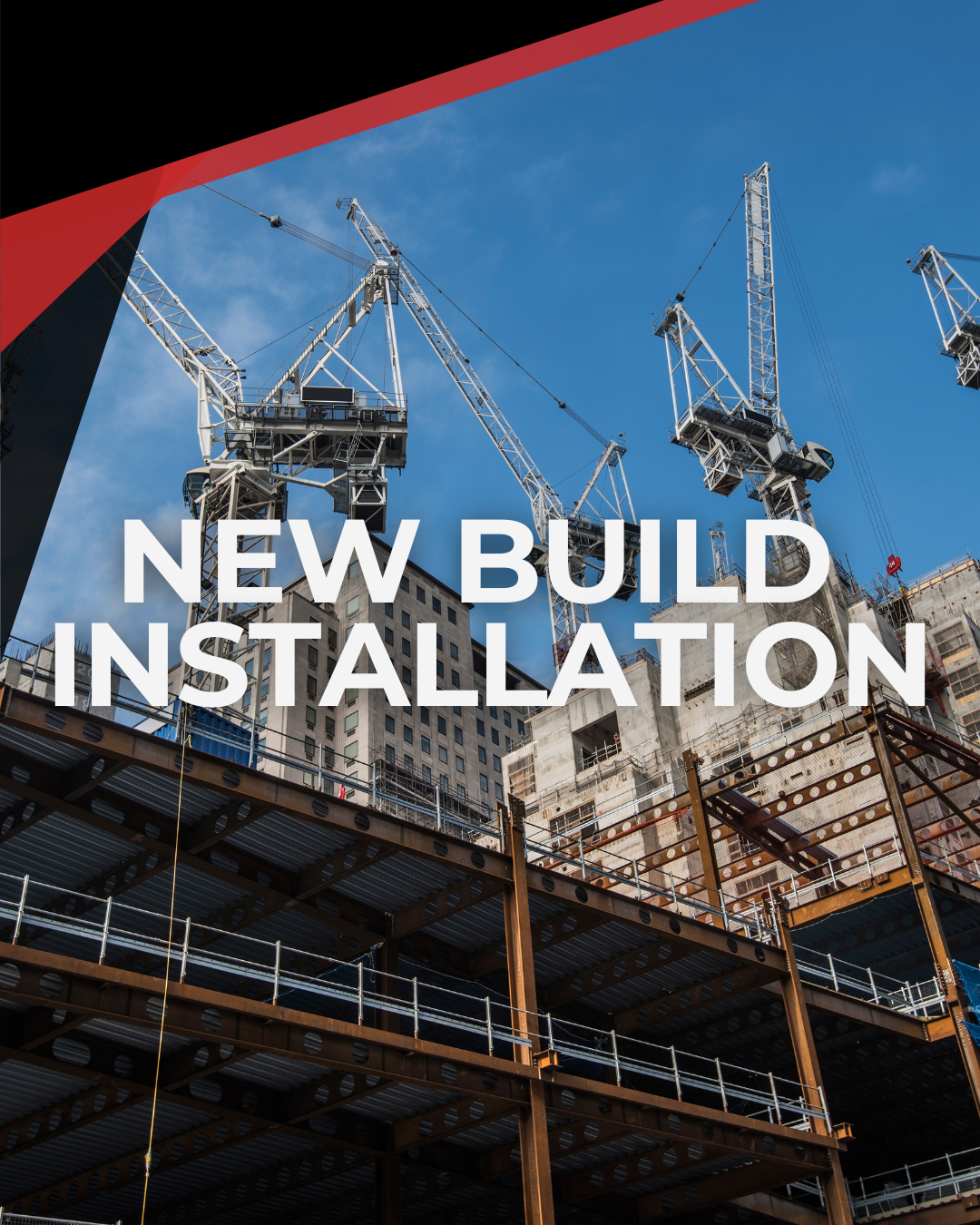 A black and red styled services card that says "New Build Installations" with a worksite in the background.