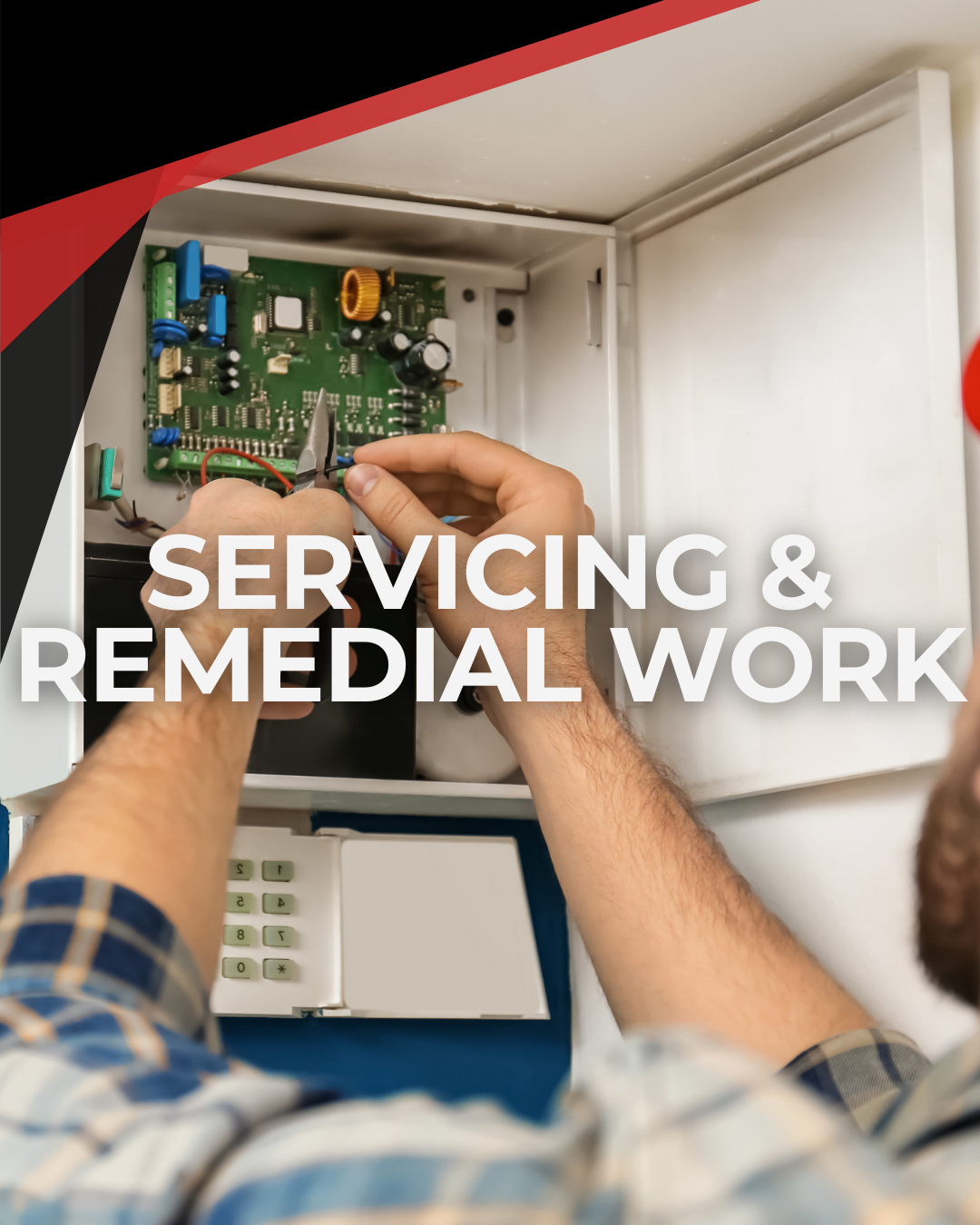 A black and red styled services card that says "servicing and remedial work" with a man working on a fuse box.