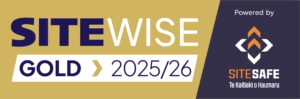 A golden plaque logo that says SiteWise, Gold 2025/26, with a purple background Site Safe logo on the right third.