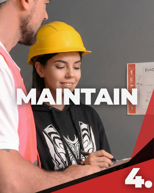A black and red styled services card that says "Maintain" with a woman in a yellow hardhat.