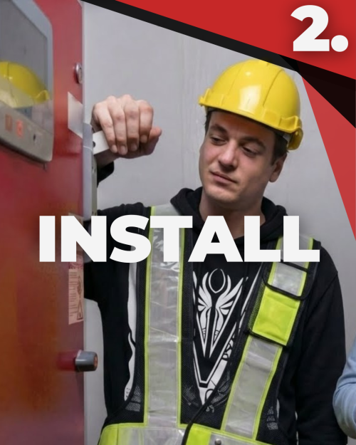 A black and red styled services card that says "Install" with a man in a yellow hardhat and black hoody.